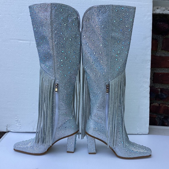 Rhinestone Embellished Sparkly Fringed Tall Boots 6 - Picture 5 of 7